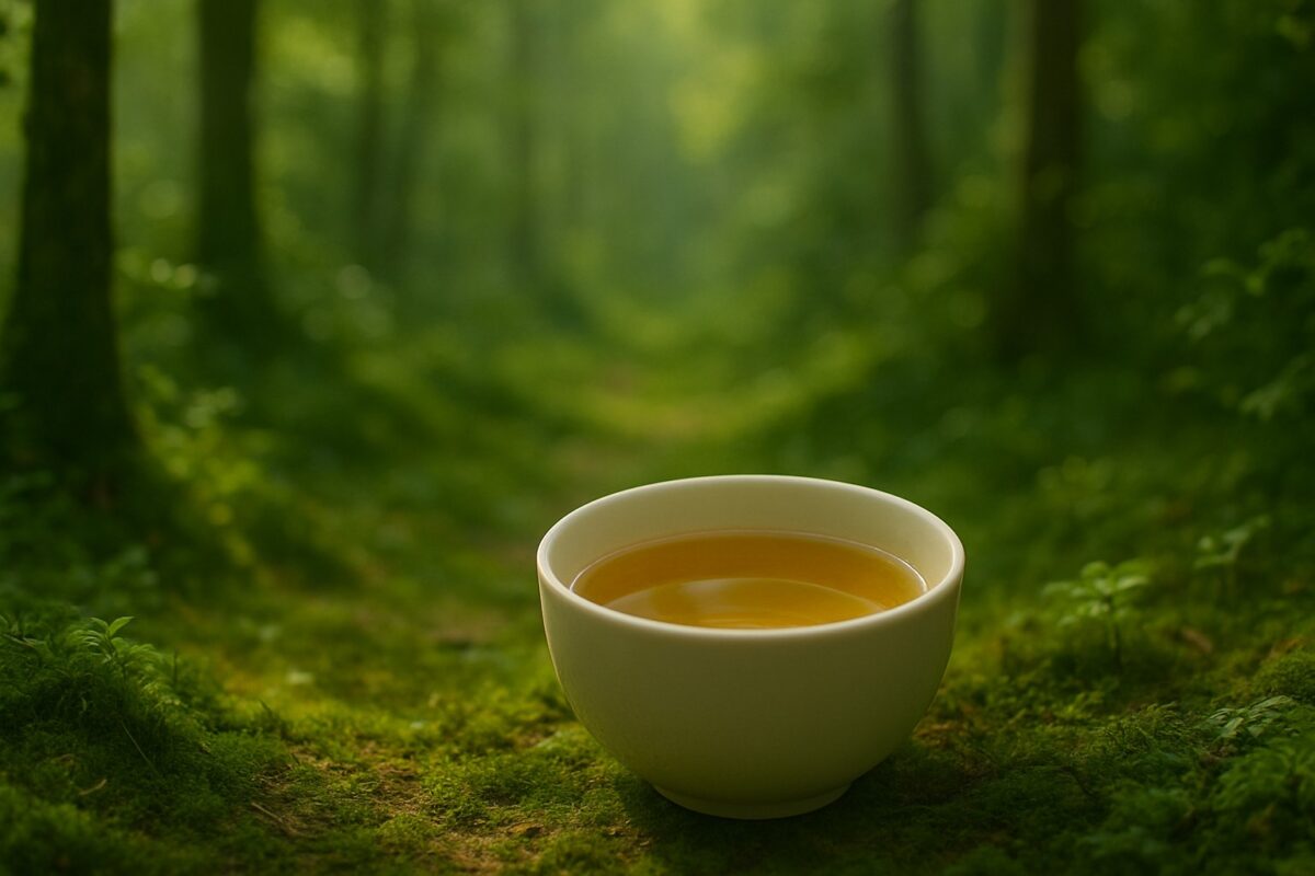 茶妃金黃茶湯置於森林草地之中，呈現自然療癒氛圍