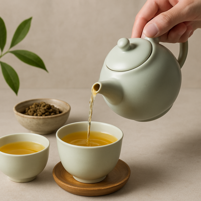 有機茶湯倒入溫潤青瓷茶杯，展現自然純淨與製茶工藝
