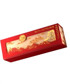 紅金山水畫風中秋禮盒特寫，展現金月山河立體燙金設計
